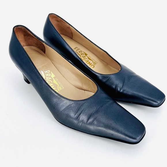 Salvatore Ferragamo Shoes - Salvatore Ferragamo Slate Gray Pearl Leather with Chrome Gancini Logo Heel 6.5B